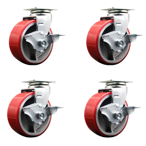 Tool Box Caster Wheel Set 5'' Red Poly on Cast Iron Swivel Casters, 4PK